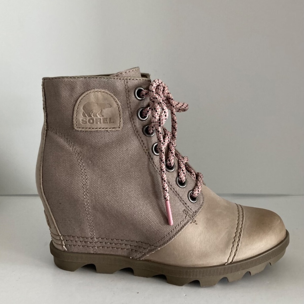 Sorel PDX Women's Boots Leather Canvas Hidden Wedge Lace-Up Round Toe 8 EUC